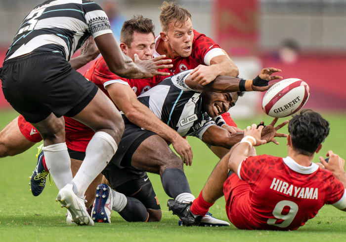 Fiji competes against Canada in a rugby match at the 2020 Tokyo Olympics.